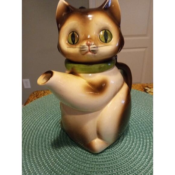 Vintage CMI 8.5" Porcelain Kitty Cat Teapot w/ Green Collar Made in Japan 1972 - Picture 8 of 15